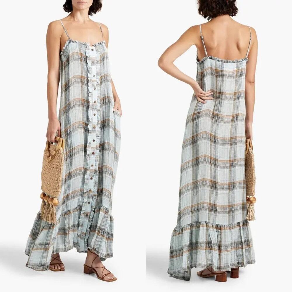 Lisa Marie Fernandez | NWT Ruffle Check Linen Gauze Maxi Dress in Light Blue 2